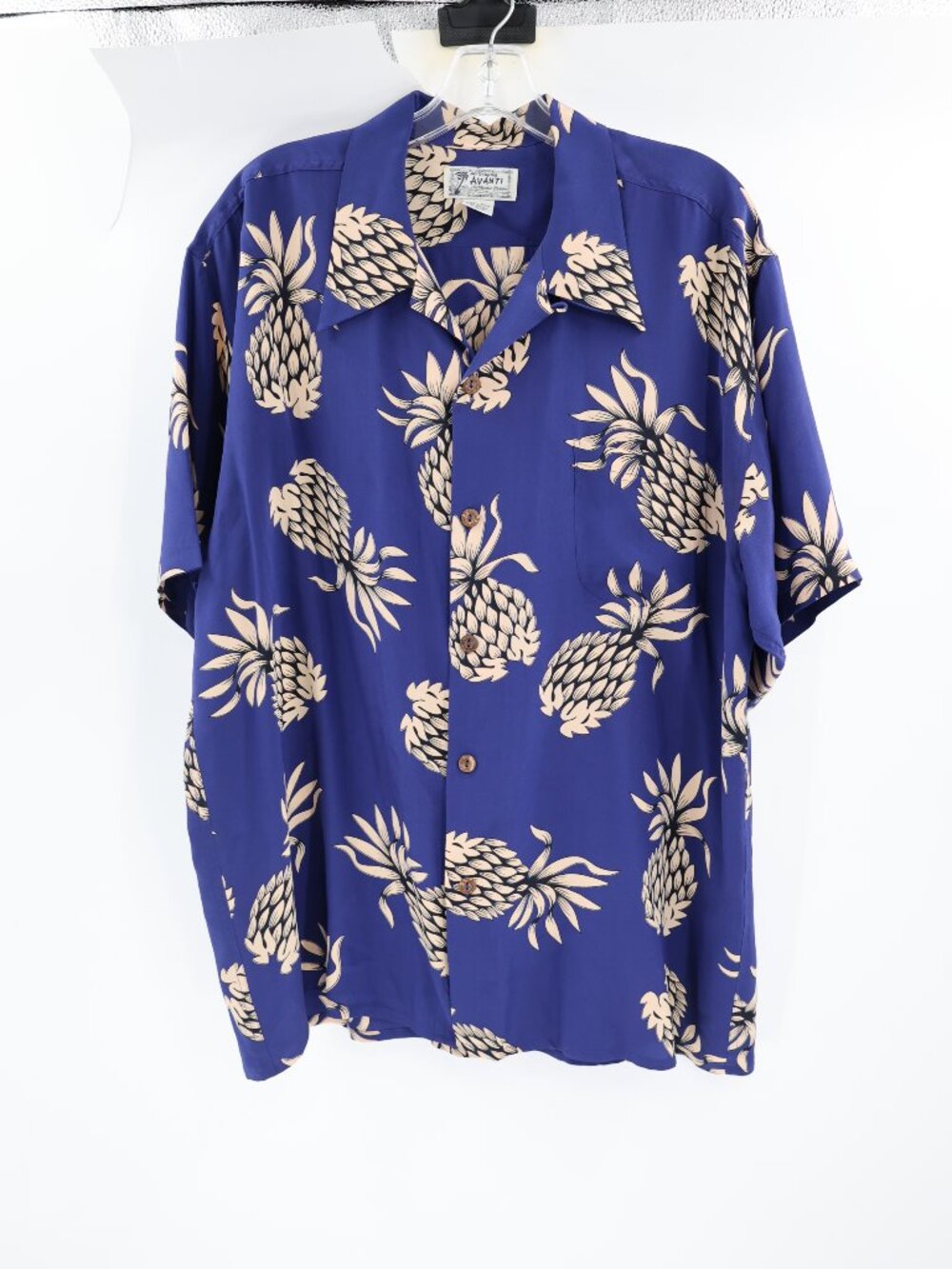 Vintage Avanti Hawaiian Shirt Mens XL blue Silk Pineapple Tropical loop collar